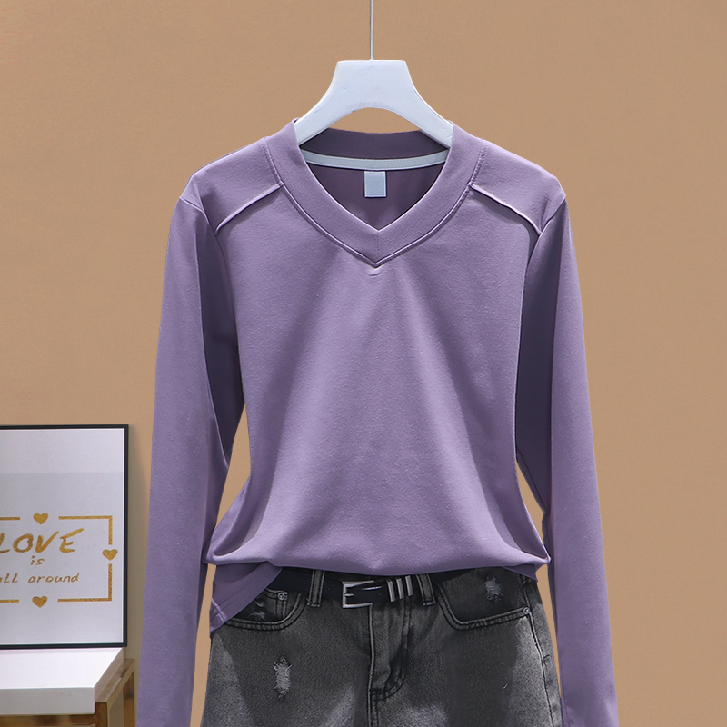 长袖百搭薄款V领棉T恤女