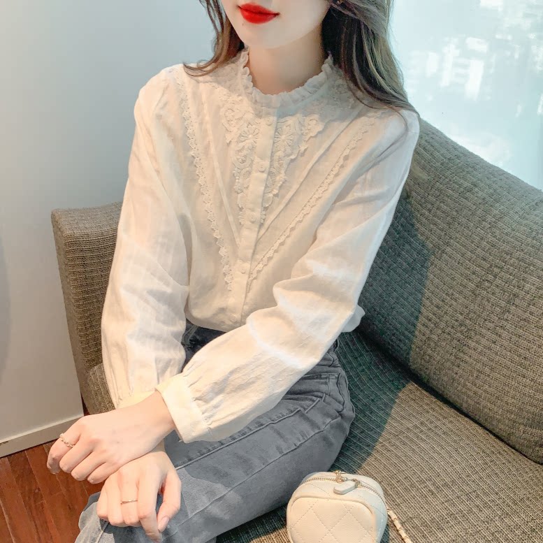 立领蕾丝边拼接棉布法式小衫上衣女2026春秋新款洋气百搭衬衫打底