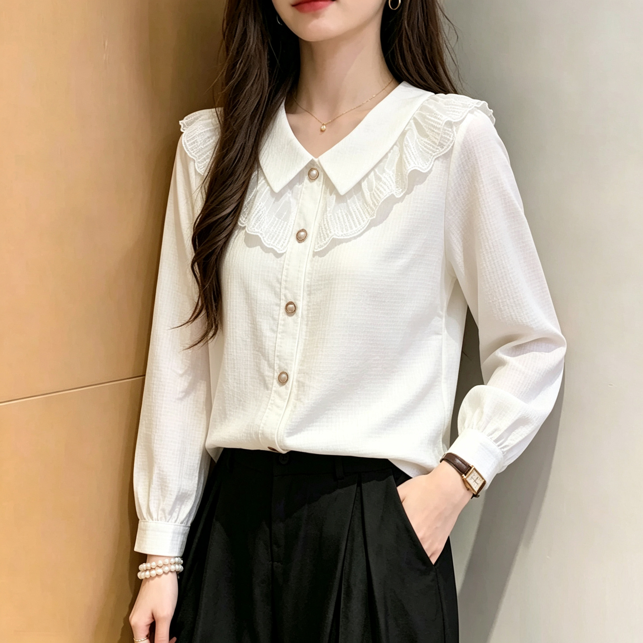 法式温柔风娃娃领蕾丝拼接雪纺衫女设计感百搭长袖优雅套头上衣