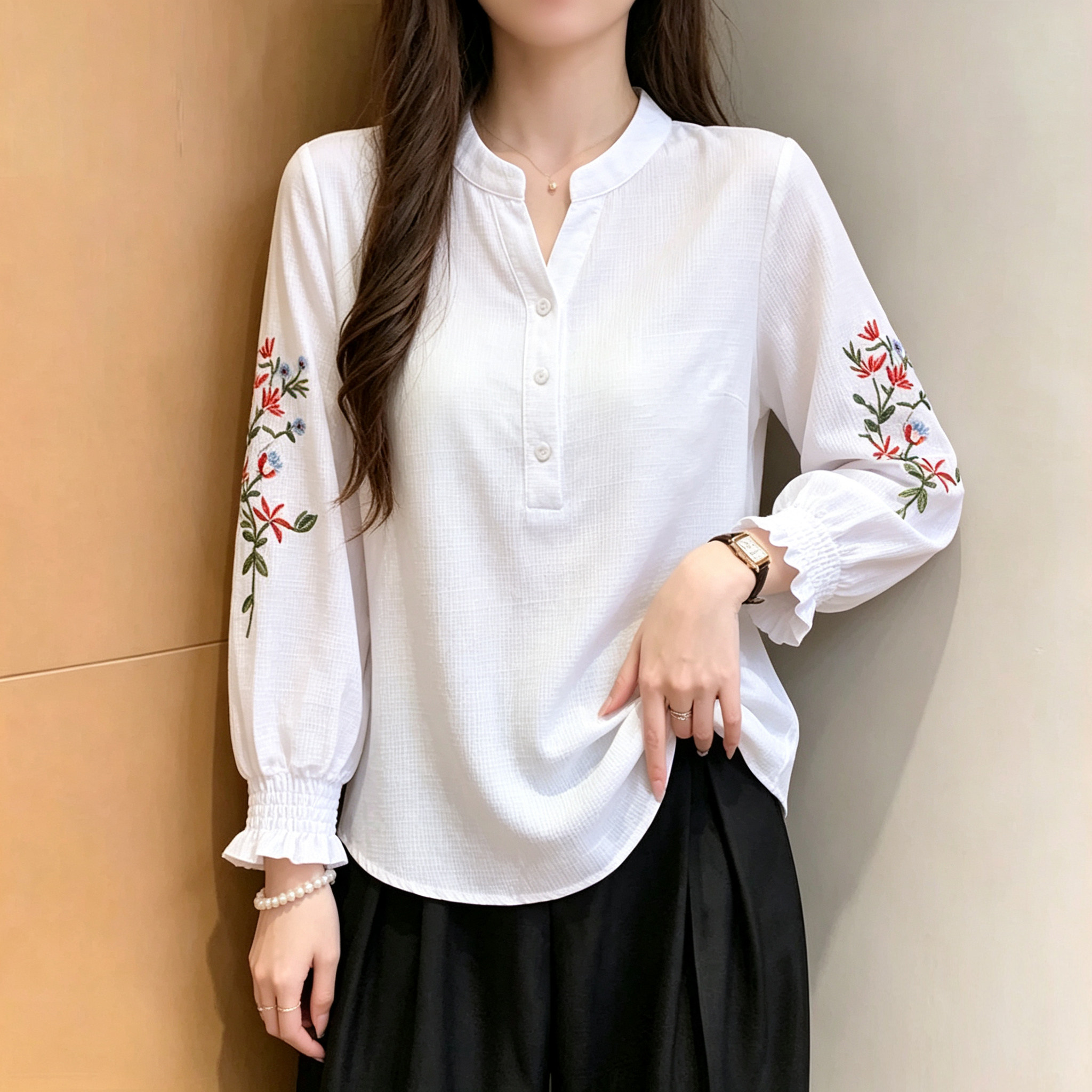 淑女风刺绣衬衫女长袖棉布V领宽松百搭气质套头上衣洋气时尚小衫