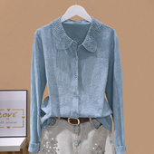 女2025春秋新款 POLO领开衫 长袖 上衣时尚 衬衣 百搭打底衫 棉布衬衫