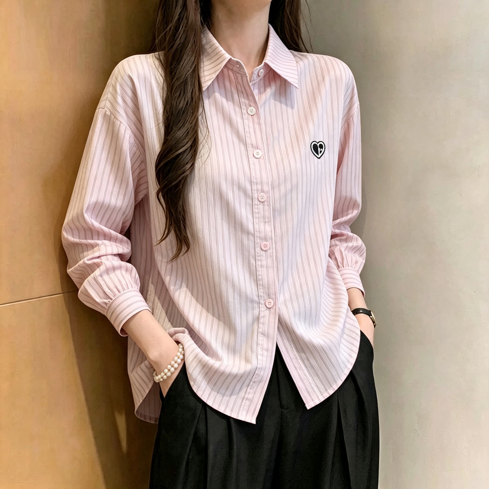 粉色条纹衬衫女长袖翻领爱心刺绣宽松百搭上衣时尚打底显瘦衬衣