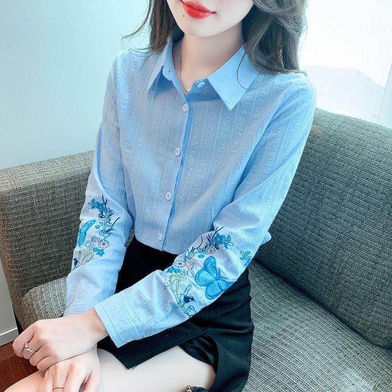 棉布白衬衫女2025春秋新款韩版polo领刺绣棉布上衣女长袖打底衬衣,女装/女士精品,衬衫,淘宝优惠券,粉丝福利购,淘宝优惠卷