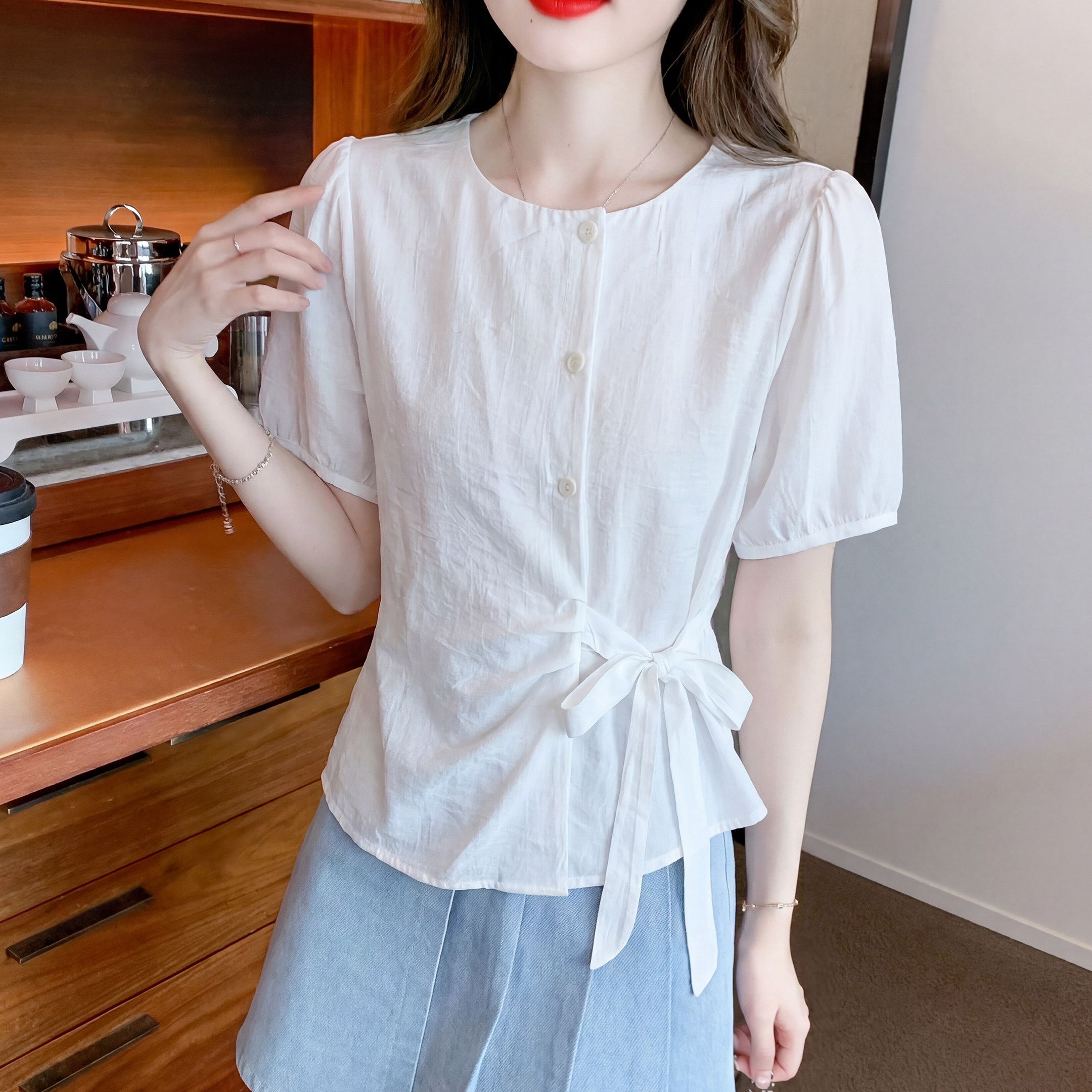韩版绑带收腰衬衫女夏季薄款显瘦白色短袖上衣洋气遮肉百搭雪纺衫