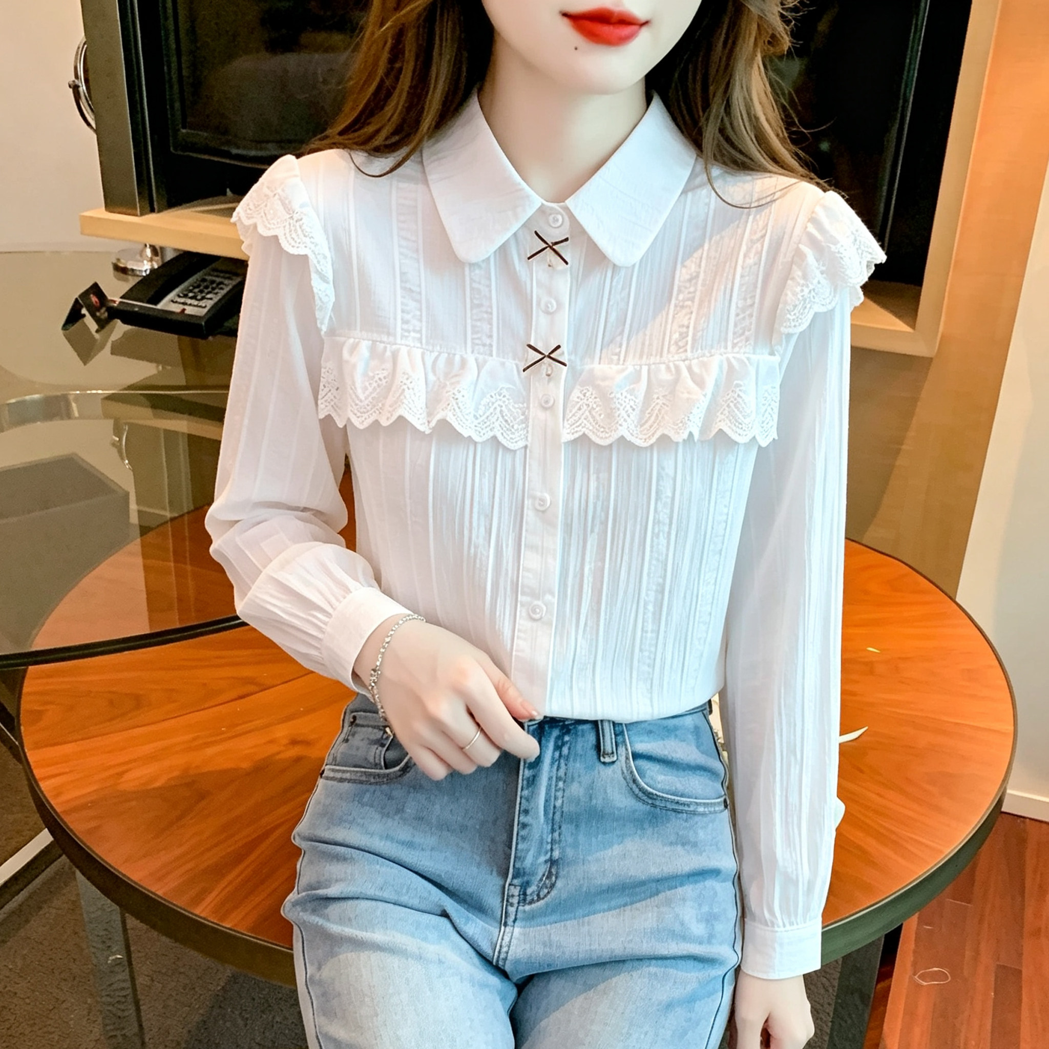甜美淑女风polo领蕾丝拼接荷叶边衬衫女长袖白色减龄棉布上衣小衫