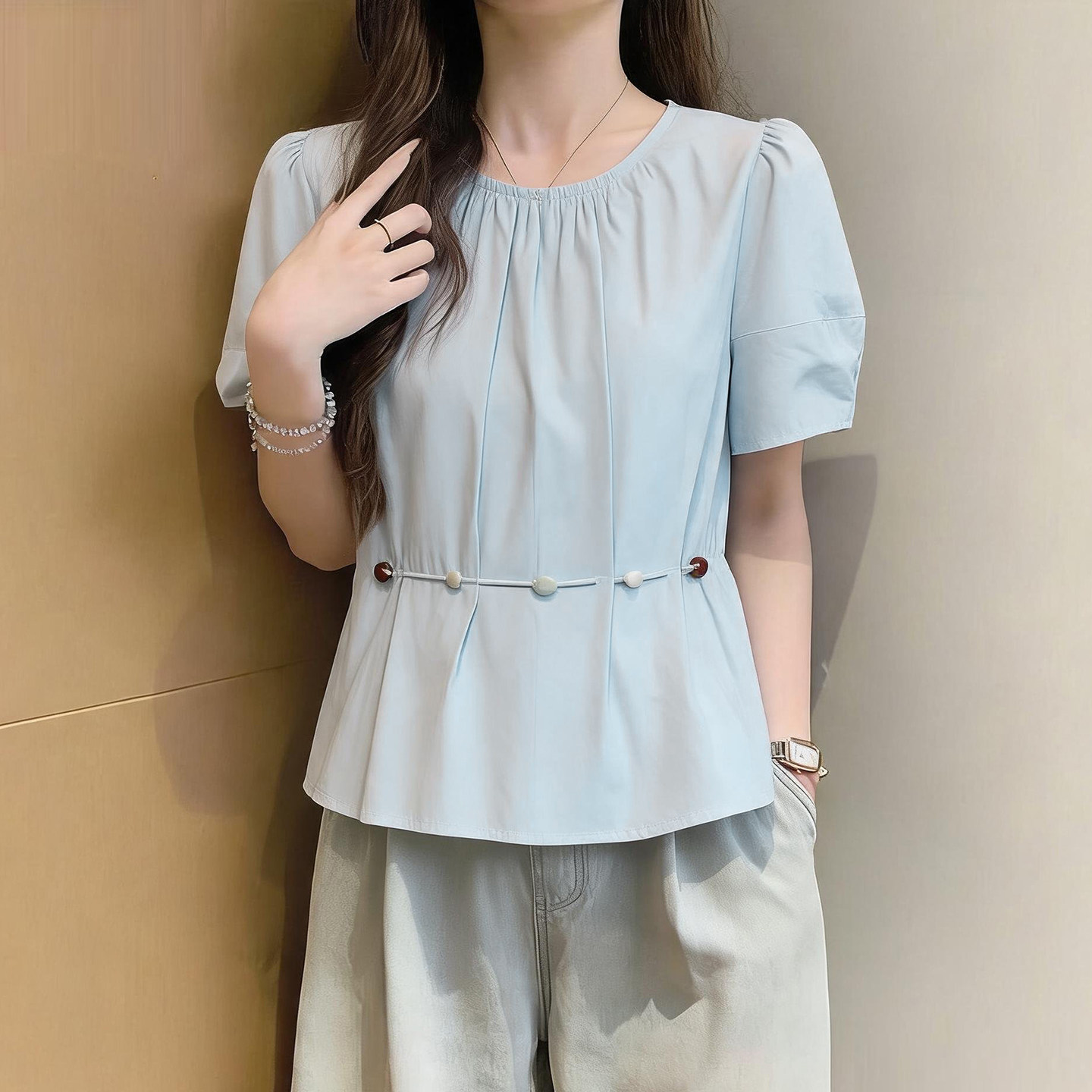 设计感收腰衬衫女夏季短袖百搭显瘦通勤上衣蓝色腰带装饰半袖小衫