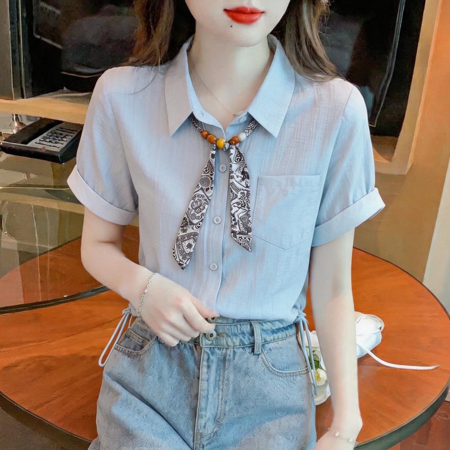 法式高级感丝巾翻领短袖衬衫女夏季收腰显瘦气质百搭雪纺衫上衣潮