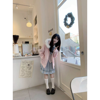 lulucake连帽开衫卫衣jk套装宽松日系学院风百搭可拆卸毛领外套女