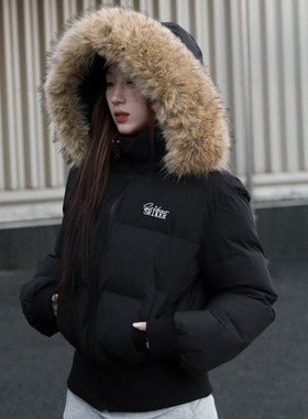 SRIKERLAB冬季短款皮草连帽羽绒服收腰显瘦高级感大毛领棉衣女