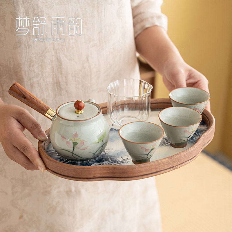 纯手绘荷花冰裂釉侧把壶一壶三杯功夫茶具套组茶壶茶杯公道杯茶盘