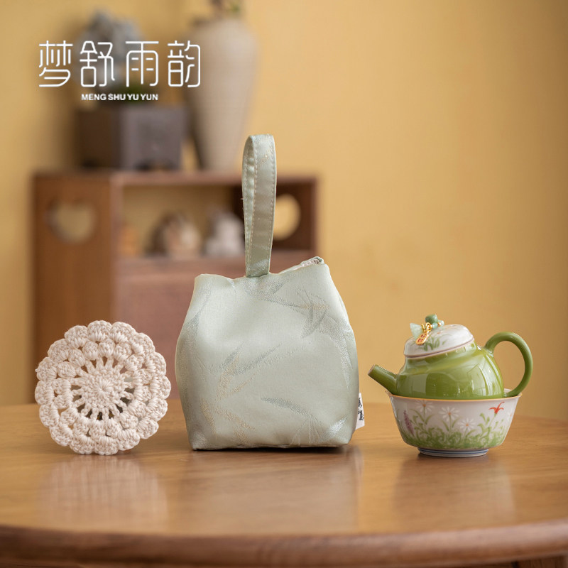 嫩绿手绘雏菊旅行茶具釉下彩陶瓷一壶一杯茶壶主人杯户外便携套装