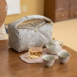 草木灰手绘紫藤花布包一壶两杯功夫茶具茶壶茶杯便携旅行茶具套装