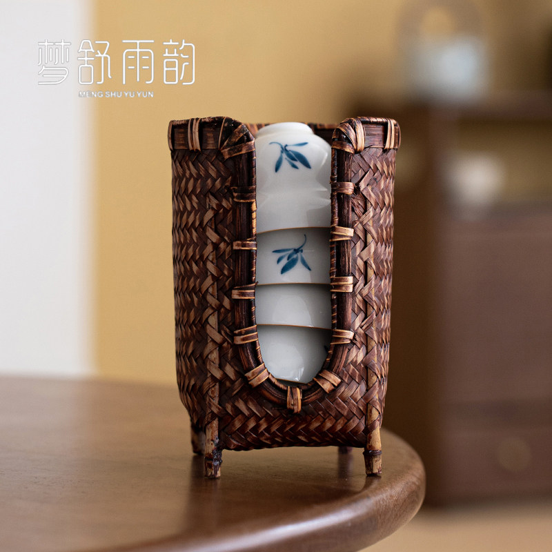 手工竹编收纳层架杯篓家用茶具收纳篓功夫茶具品茗杯收纳盒茶道配
