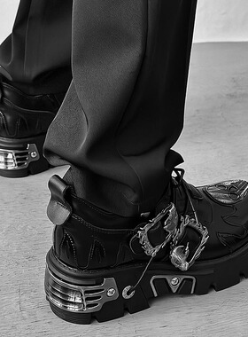 2024新款复古摇滚暗黑朋克金属拼接小皮鞋情侣小众低帮增高大头鞋