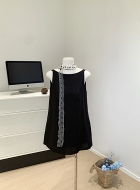 夏季韩系赫本风黑色无袖上衣女A字棉麻娃娃衫中长款圆领背心衬衫