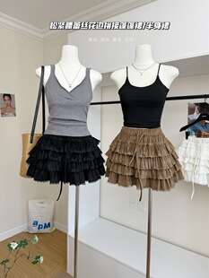 秋冬甜美抽绳拼松紧腰接蕾丝花边灯芯绒蛋糕裙短裙女A字裙裤 半裙