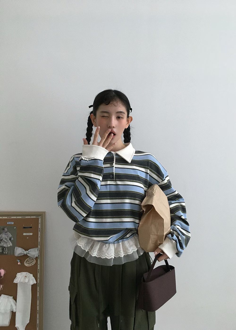 韩系休闲复古拼接抽褶花边撞色条纹上衣女长袖半扣polo领T恤卫衣