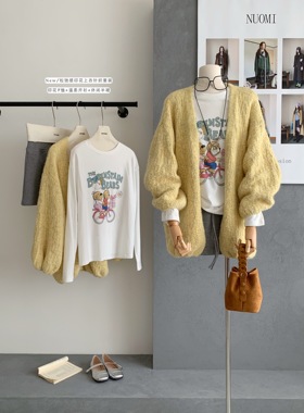 韩系ins风一整套OOTD女黄色毛衣开衫+卡通印花T恤+抽绳半裙三件套