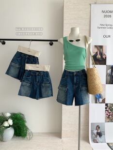 阔腿裤 韩系休闲流苏边工装 中裤 女中高腰直筒五分裤 子 口袋牛仔短裤