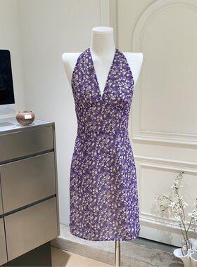 复古港风深紫色碎花系带挂脖连衣裙女夏无袖露背V领雪纺裙打底裙