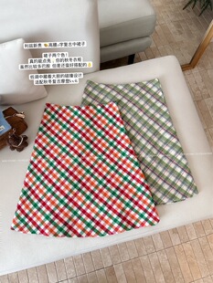 复古撞色格纹毛呢半身裙女秋冬高腰显瘦A字裙短裙中长包裙直筒裙