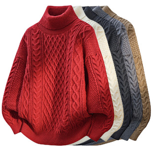 青年上衣外套内搭大码高领本命年红色圣诞毛衣男粗麻花针织衫