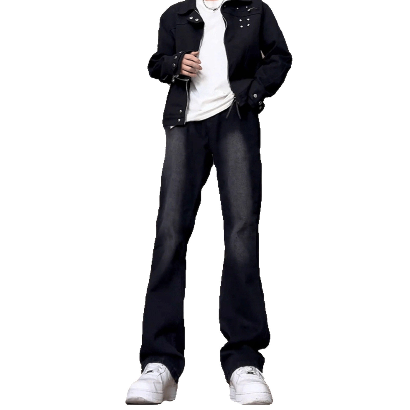 【无掉色黑灰色水洗牛仔裤男直筒显高秋冬】复古宽松显瘦微喇裤