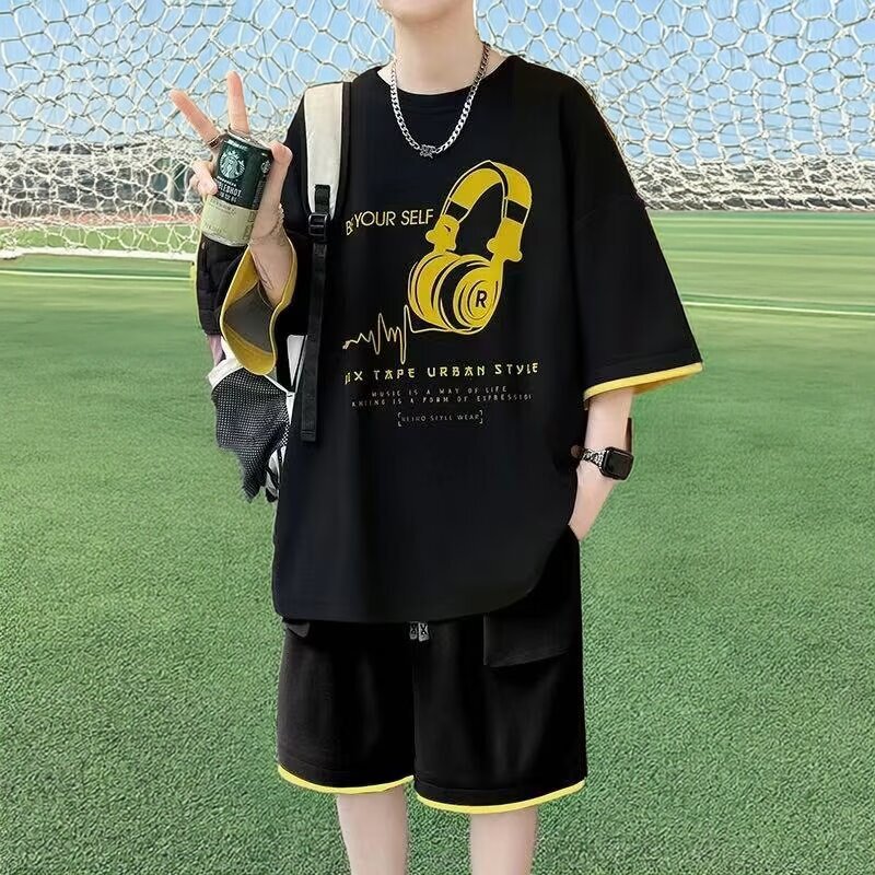 夏青少年短袖短裤两件套黑色套装