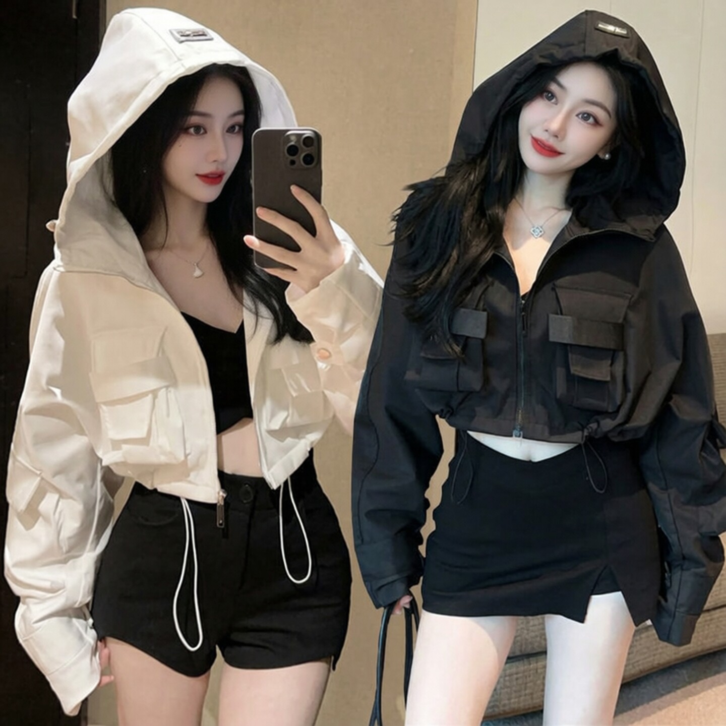 秋冬连帽休闲外套黑白短款夹克女