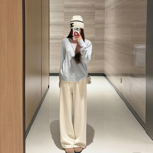 米白针织阔腿裤女秋冬高腰糯米