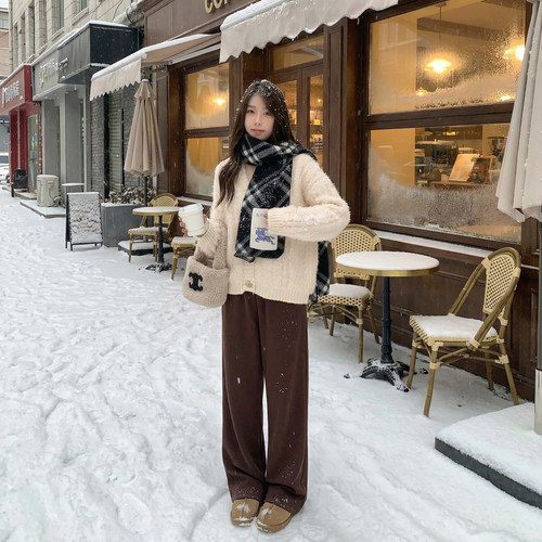 咖色糯米针织阔腿裤女秋冬加绒