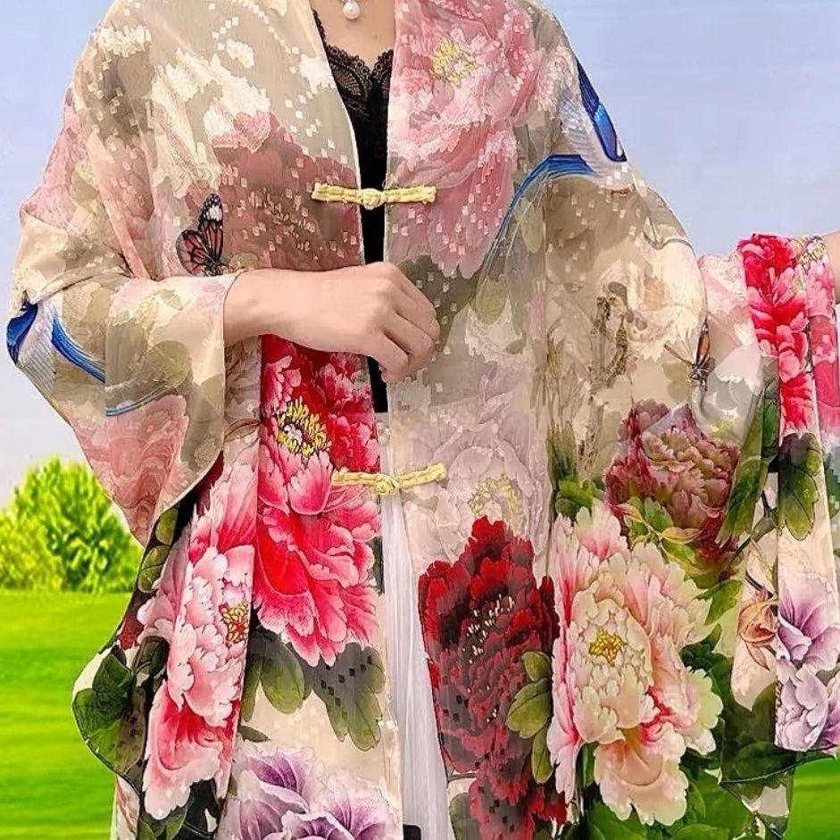 新款中国风国色牡丹披肩盘扣手工剪花新中式百搭时尚富贵外搭丝巾