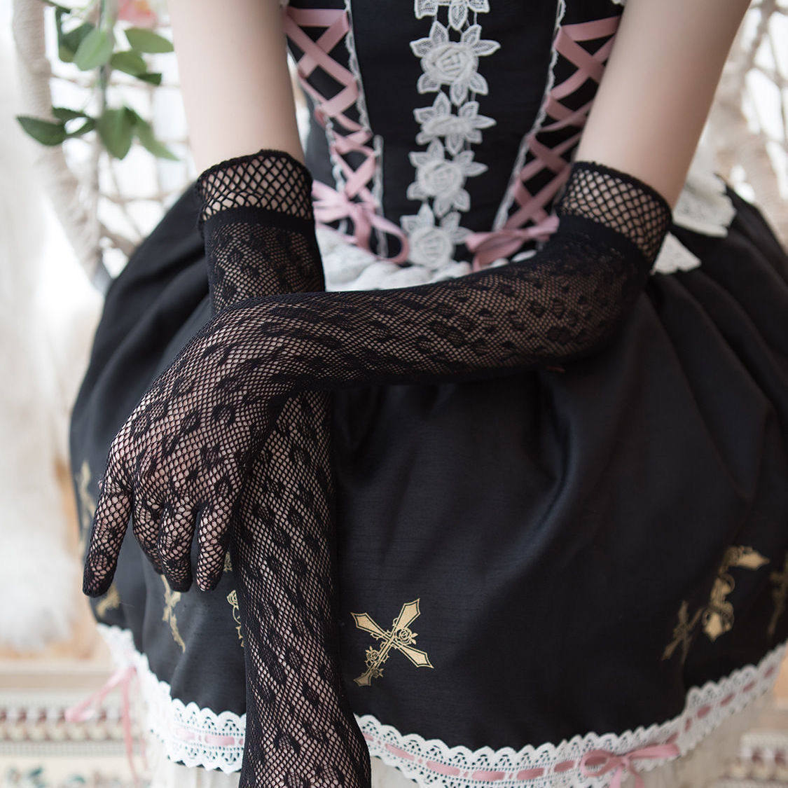 lolita洋装袖套礼服黑婚纱洛丽塔手袖女防晒新娘网眼性感手套