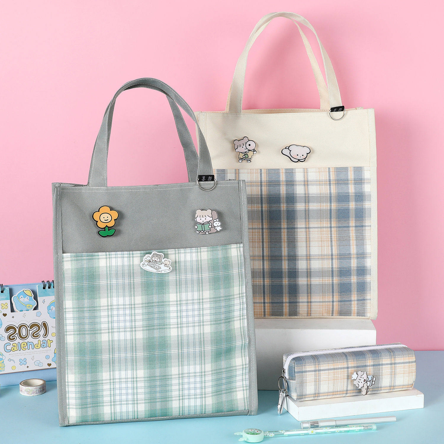 手提防水帆布补课袋中学生大容量美术袋韩版简约男女生儿童文件袋