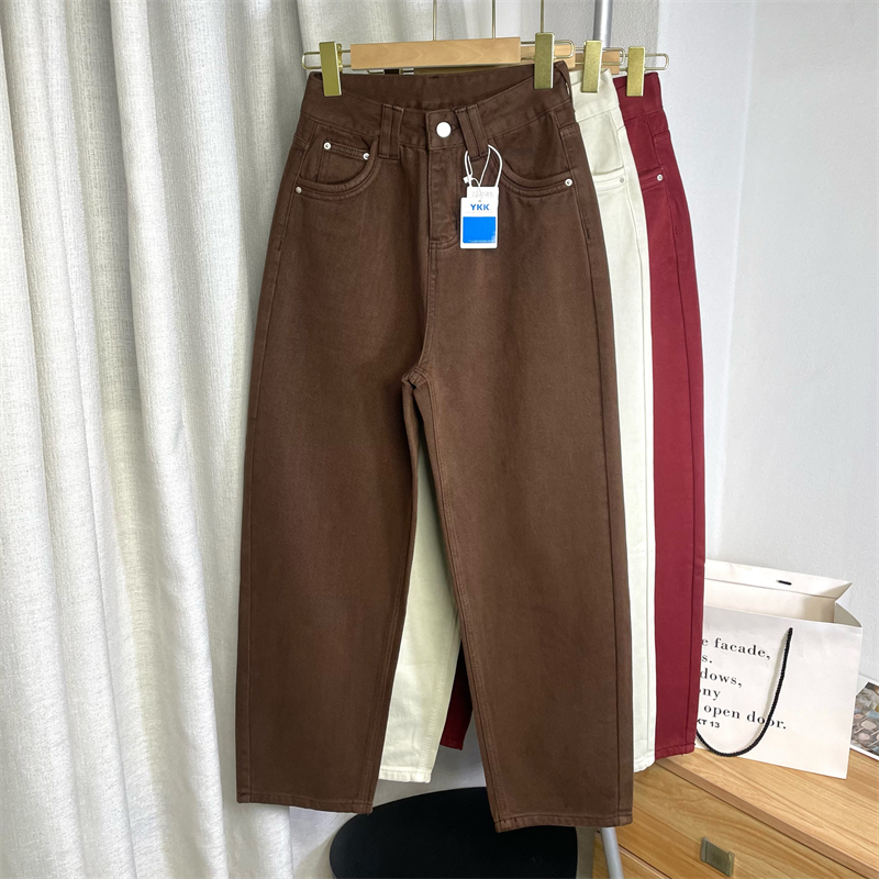 厚实咖色高腰锥形小直筒牛仔裤