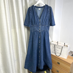 ～多点松驰 休闲工装 元 夏季 收腰凉感牛仔连衣裙中长裙女 素 美式