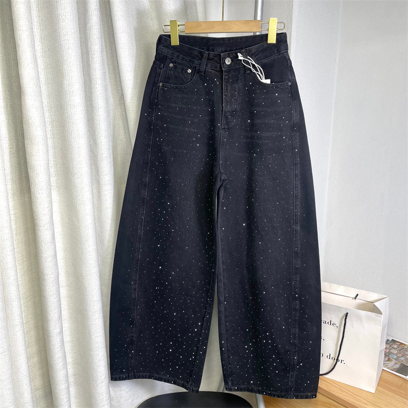 美式～暗夜星光氛围感！重工烫钻高街垂坠感宽松阔腿镰刀牛仔裤女