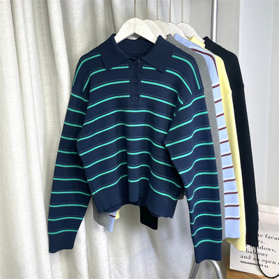 日系柔软棉质POLO条纹针织衫毛衣