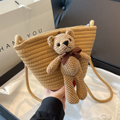 夏季 可爱卡通斜挎包百搭ins草编水桶包 小清新编织包包女2025新款