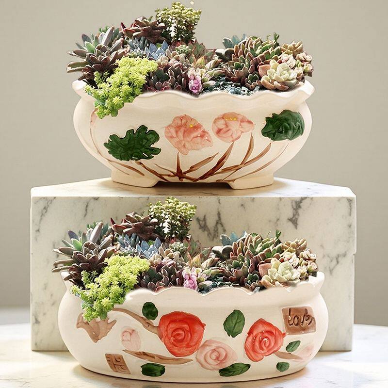 大号多肉花盆陶瓷花盆简约大口径粗陶多肉植物拼盘小组合特价清仓