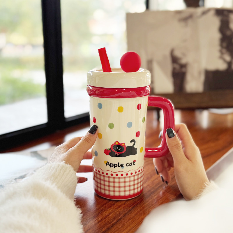 小萌宠波点大容量带盖带吸管陶瓷马克杯高颜值家用喝水杯子伴手礼,餐饮具,马克杯,淘宝优惠券,粉丝福利购,淘宝优惠卷