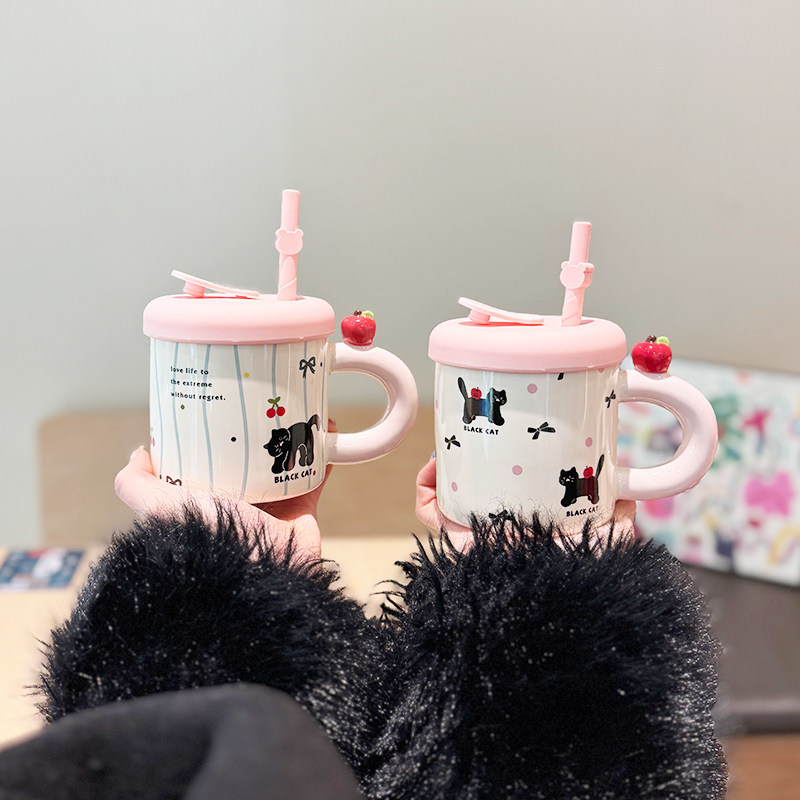可爱卡通立体苹果猫咪带盖吸管陶瓷马克杯小众创意家用喝水杯子