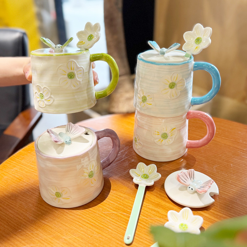 高颜值少女心立体浮雕蝴蝶带盖陶瓷马克杯家用喝水杯子礼物伴手礼