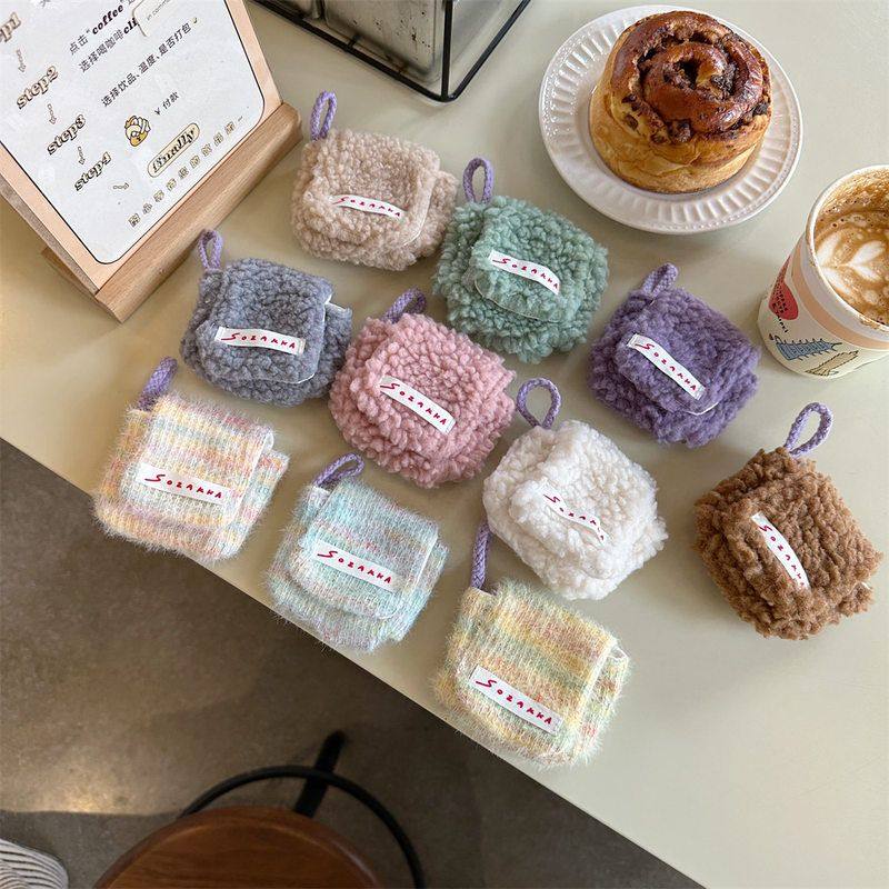 【满29包邮】毛绒新款迷你苹果AirPods挂脖收纳包便携翻盖耳机包,收纳整理,化妆包,淘宝优惠券,粉丝福利购,淘宝优惠卷