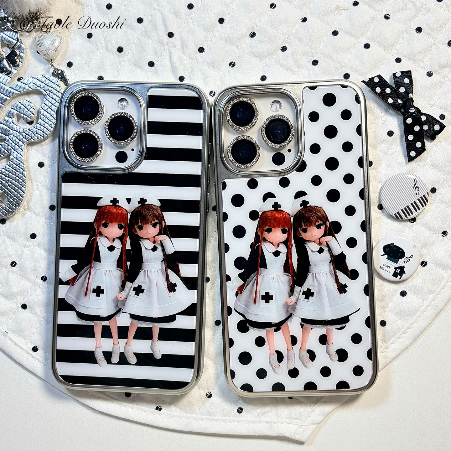 二次元bjd条纹波点少女日系可爱古早适用iphone1716promax亚克力壳苹果15plus手机壳1716plus