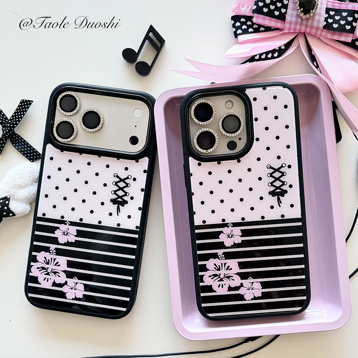古早少女扶桑花条纹拼接波点适用iphone1716promax包按键神甲亚克力壳苹果15plus手机壳1716plus,3C数码配件,手机保护套/壳,淘宝优惠券,粉丝福利购,淘宝优惠卷