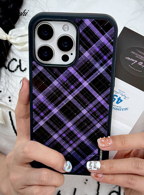 适用简约高级复古少女紫色格纹原创ins 韩hellokitty13iPhone1514promax苹果亚克力软手机壳可爱