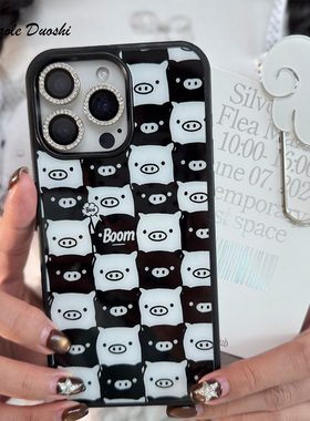 日系黑白可爱线条小猪少女复古古早适用iphone1716promax亚克力壳苹果15plus手机壳1716plus