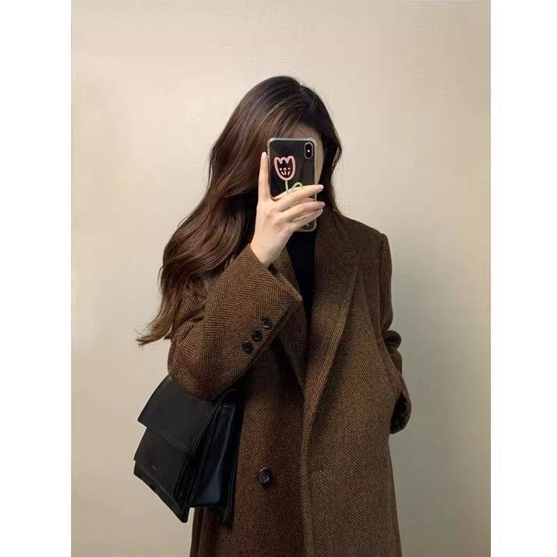 山力达迪呢子大衣女秋冬感好看中长款加厚小个子赫本风毛呢外套