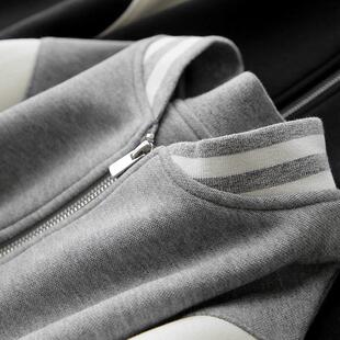 复古美式休闲时髦挺括撞色珠地棉立领直筒棒球服篙级灰夹克外套女